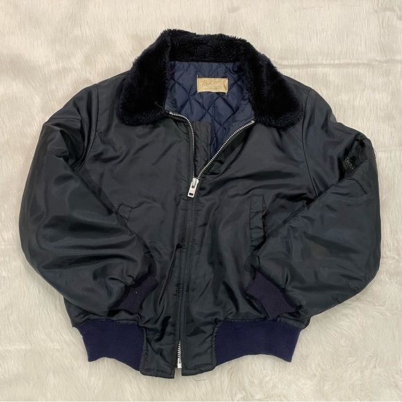 Vintage Flight Jacket Navy Blue Nylon Faux Fur 70s 80s Unisex Size Med - Picture 5 of 5